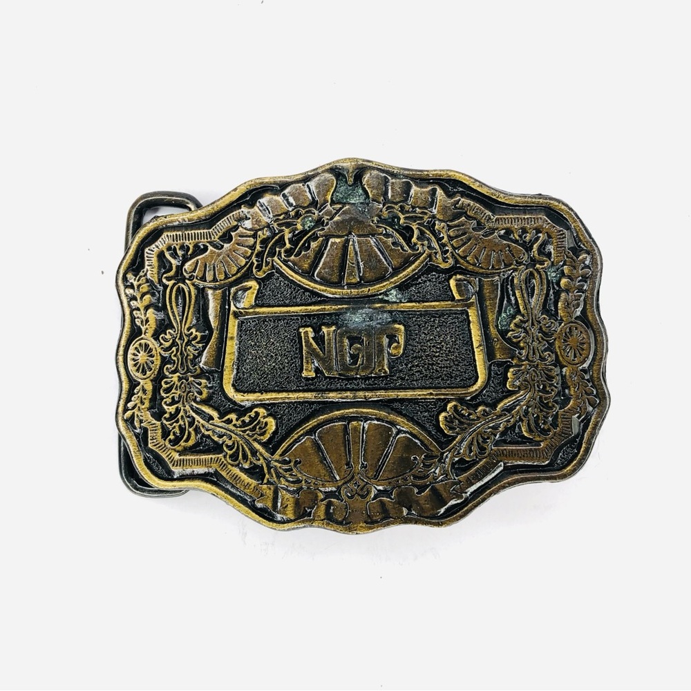 NOP JON Solid Gold Brass Belt Buckle Art Nouveau Vintage 70s Cowboy Equestrian